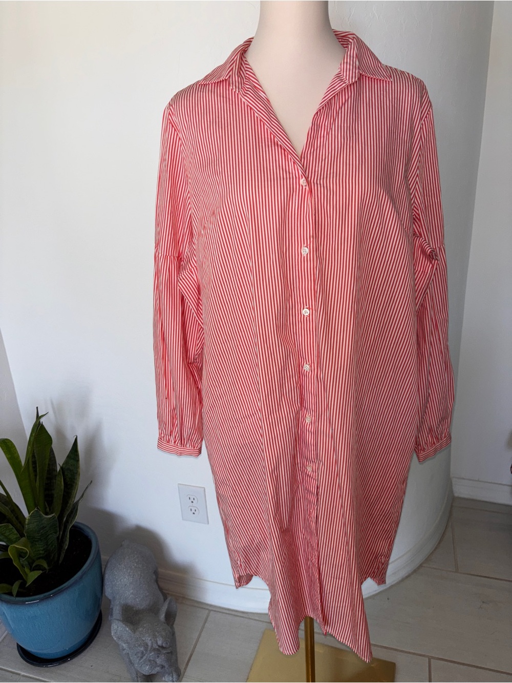 J. McLaughlin Red & White Striped Button-Up Shirt Dress